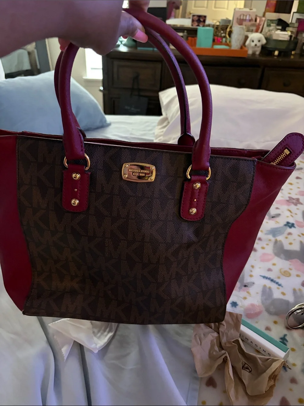 Michael Kors Brown Signature Tote with Red Leather Trim